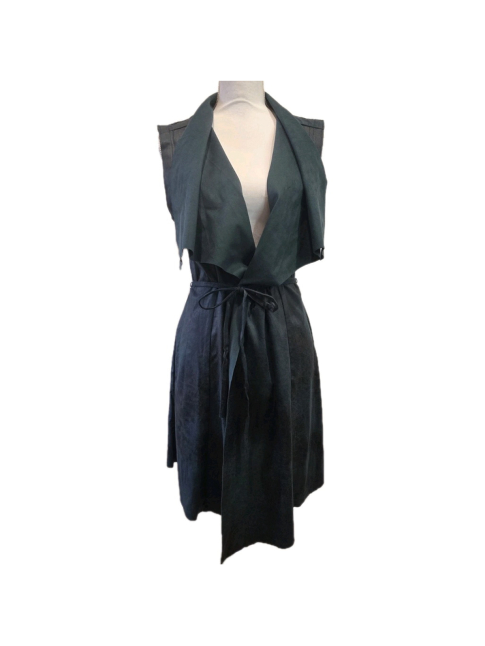 Shinestar Faux Suede Waterfall Vest Dark Green Open Front Tie Waist M Boho Layer